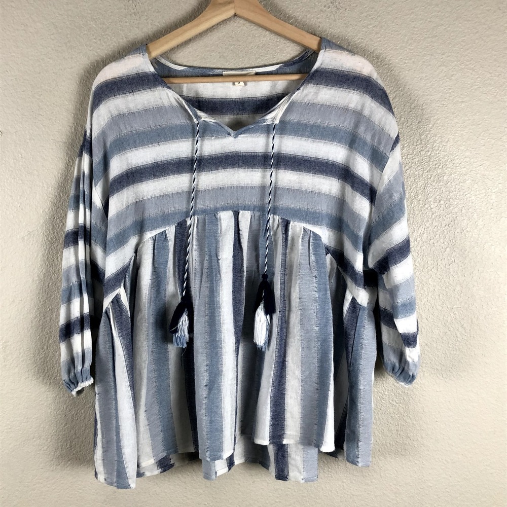 Crescent Peasant Boho Shirt Women M Blue White Stripe Tassel Babydoll Relaxed